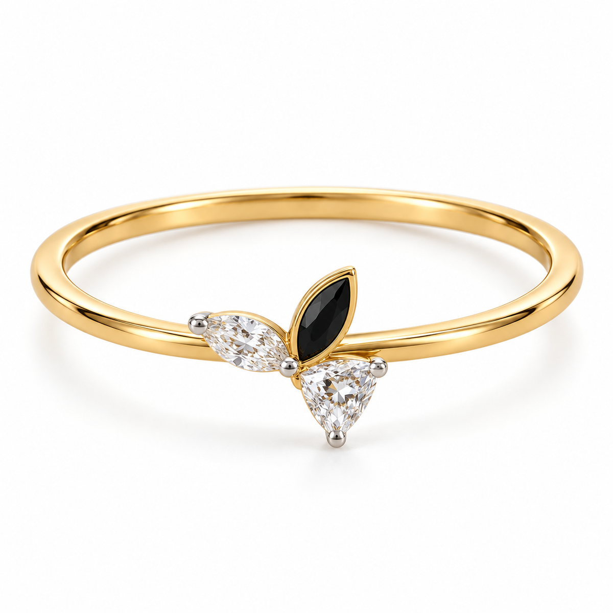 slender gold ring with three-petal cluster