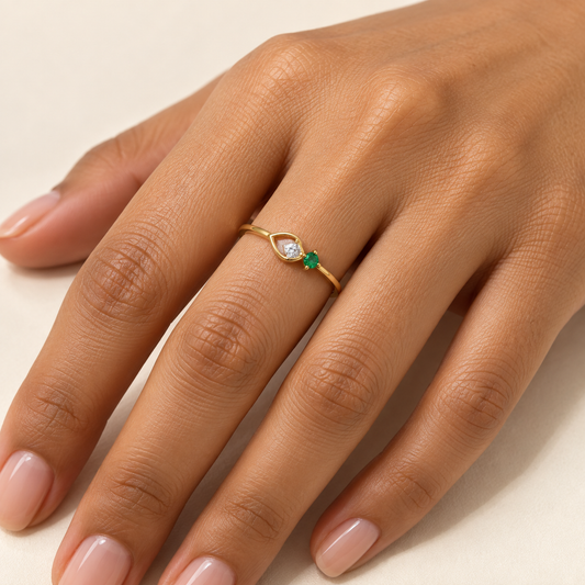 Emerald-Accented Gold Teardrop Ring