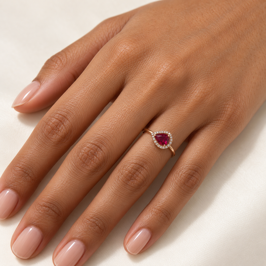 Pear-Cut Ruby Halo Ring