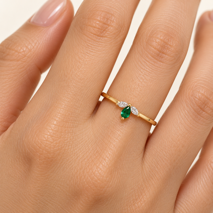 Gold Leaf Ring with Green Pear Stone