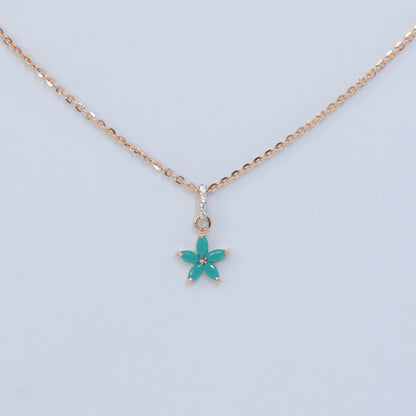 18KT GOLD TEAL BLUE FLOWER CZ PENDANT