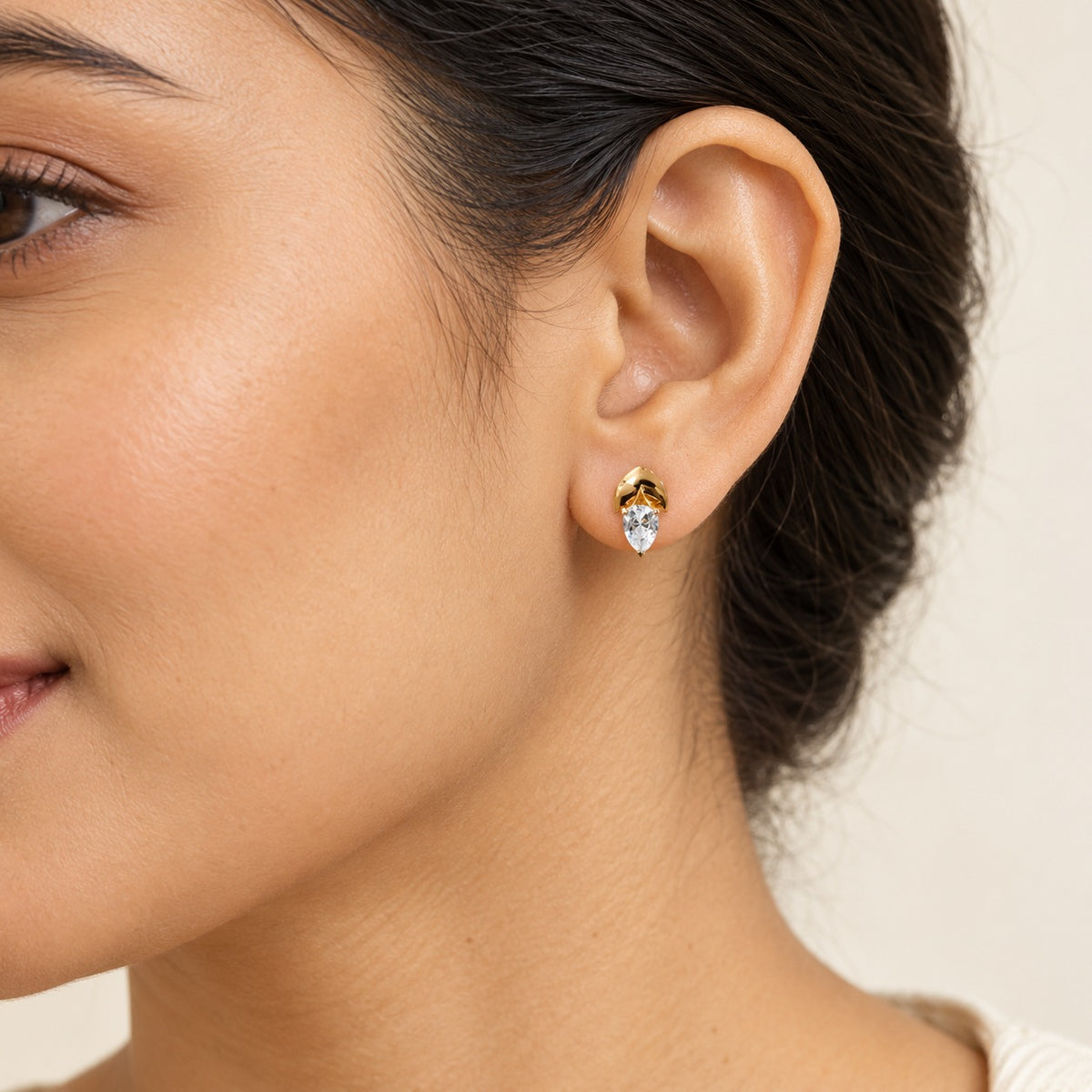Warm Gold Leaf Pear Stud Earrings